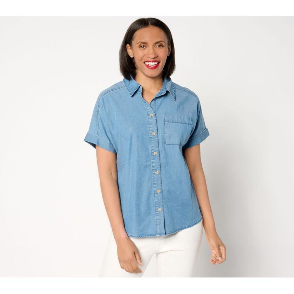 Liberare Women's Top Sz S Short-Sleeve Button-Front Lyocell Blue A647305